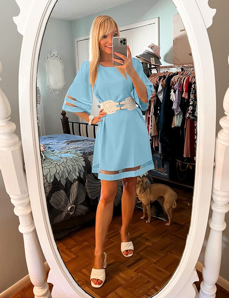 LookbookStore Women's Summer Tunic Dress - Crewneck 3/4 Sleeve, Bell Sleeve, Air Blue Light Blue Wedding Guest Dress Size M/8-10 - Image 3